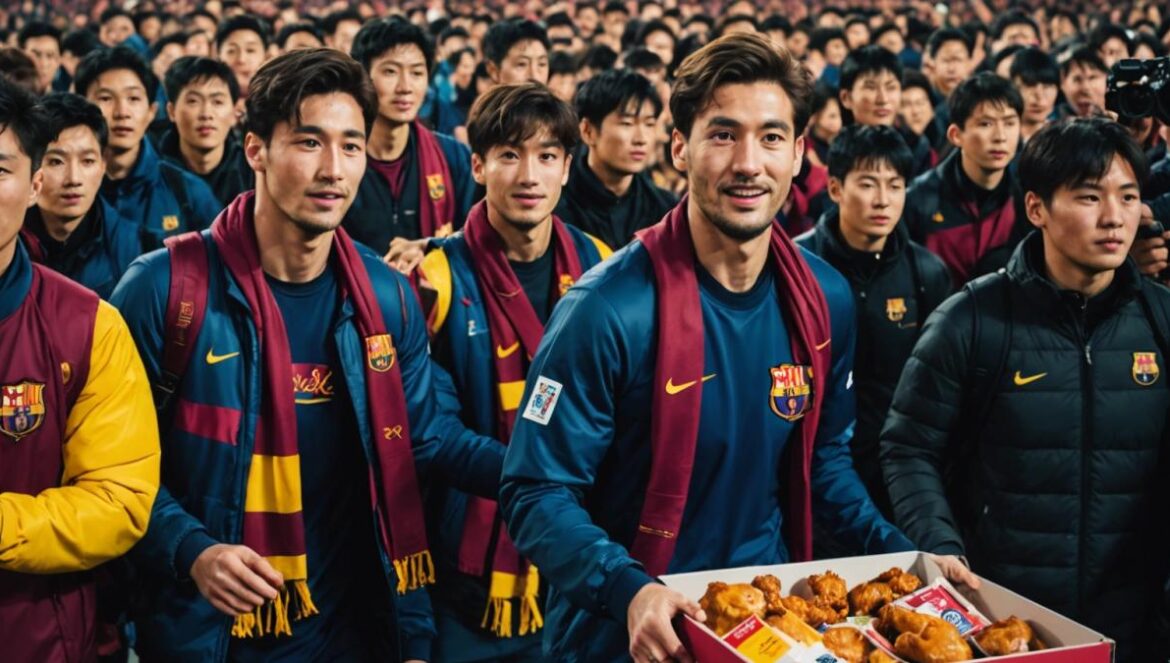 El Barça y el pollo frito: la alianza en Corea del Sur que mezcla deporte, cultura pop y 30.000 entradas gratis FC Barcelona players arriving in Seoul, South Korea, greeted by energetic Korean fans holding bb.q Chicken boxes and waving team scarves, photorealistic editorial style, vibrant city background with stadium banners and neon lights, lively evening atmosphere, main subjects (players and fans) centered and in sharp focus.