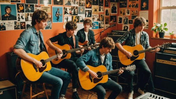 A group of young indie musicians in a vibrant rehearsal studio, surrounded by classic Oasis posters, guitars, and vinyl records. The main subject is centered, strumming a guitar with energetic body language, while bandmates watch with admiration. Editorial art style, warm natural lighting highlighting musical passion, realistic details of instruments and vintage British pop culture decor. The mood is creative and rebellious, with sharp focus on the central musician and clean background.