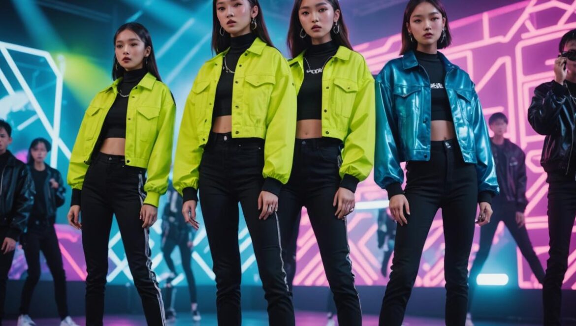 ALLDAY PROJECT arrasa: ¿el nuevo fenómeno K-Pop que revoluciona todo? A vibrant mixed-gender K-Pop group performing on a sleek, futuristic stage, photorealistic editorial style, energetic members in stylish streetwear, bold neon lights and digital screens in the background, main group centered and in sharp focus, dynamic poses showing unity and diversity, lively concert atmosphere.