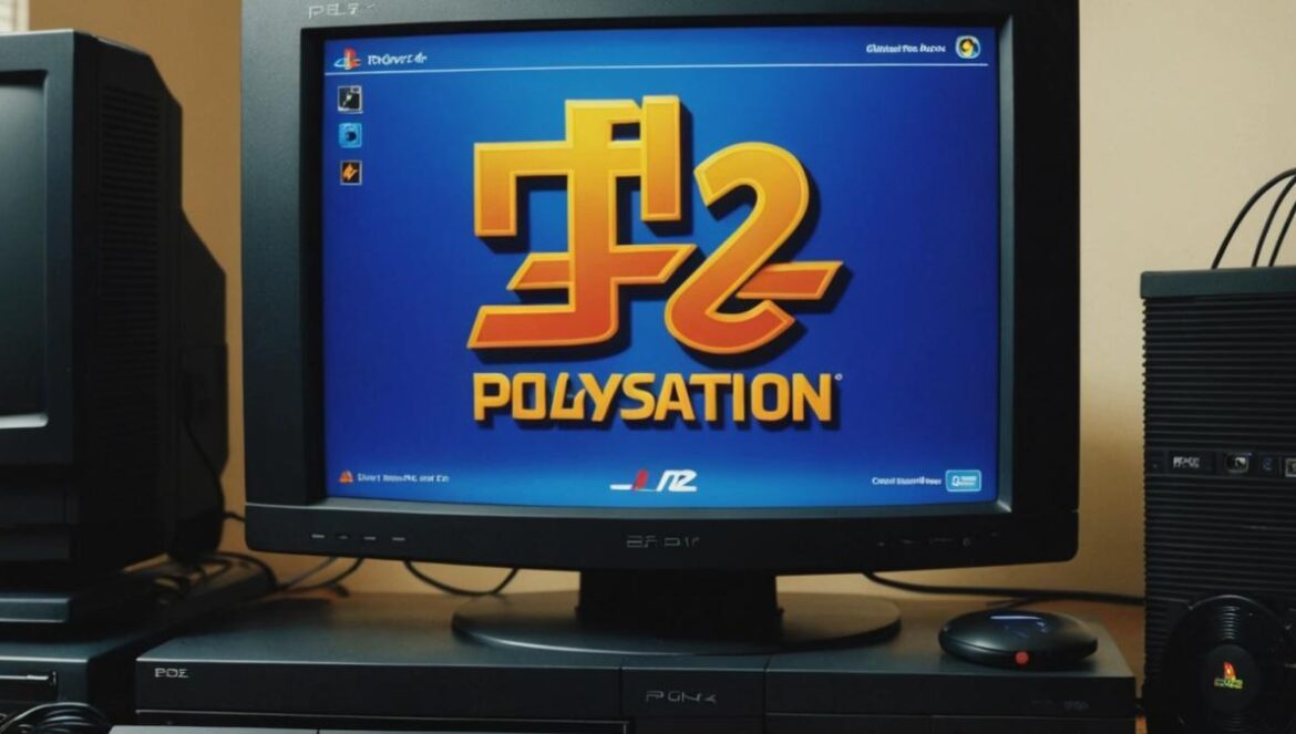 A well-centered close-up of a PlayStation 2 console with a classic Windows 95 desktop displayed on a connected CRT TV screen, photorealistic editorial style, nostalgic vibe with soft lighting, vintage gaming props (old keyboard, mouse, PS2 controller) arranged around the console, retro posters in the background. Main subject (PS2 and screen) sharply in focus at the center.