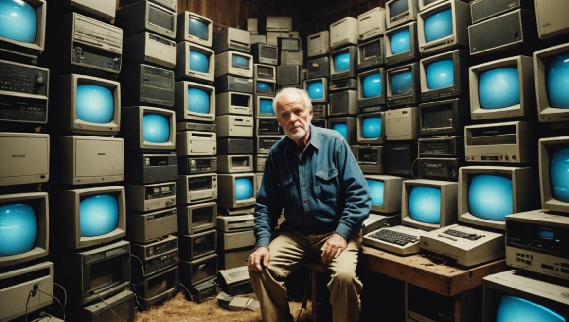Del granero a eBay: la resurrección viral de las computadoras NABU que soñaron con ser internet en los 80 An elderly man surrounded by a massive pile of vintage 1980s computers in a rustic barn, photorealistic editorial style, well-lit with dust particles in the air, rows of boxed computers stacked to the ceiling, the main subject centered and handling a retro PC with care, a sense of nostalgia and discovery in the atmosphere.
