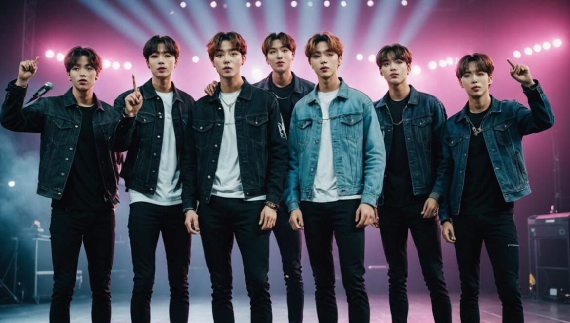 El regreso histórico de BTS: nuevo álbum y gira mundial listos para reventar el 2026 All seven BTS members, stylish and charismatic, standing together on a brightly lit stage during a rehearsal, photorealistic editorial style, vibrant lighting with colorful spotlights, some holding microphones or instruments, excited expressions and creative energy in the air, modern stadium background subtly showing fan lightsticks, main group centered and in sharp focus.