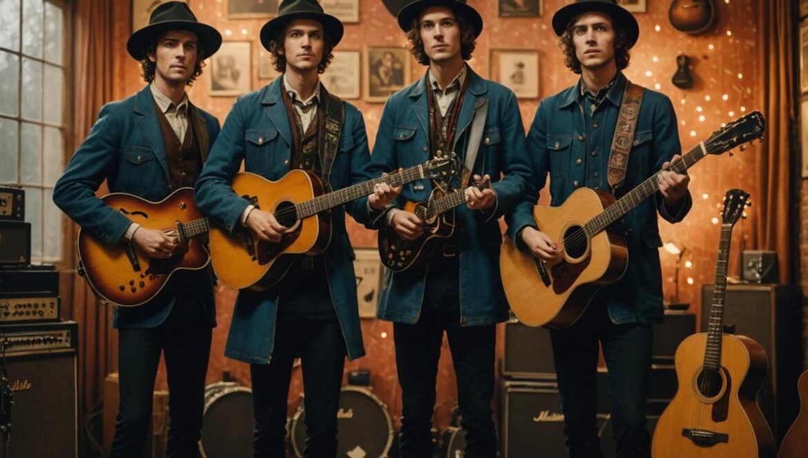 ¿El truco viral de The Velvet Sundown? Así explotó la música IA en 2025 Four AI-generated musicians with guitars and vintage folk outfits, standing against a retro-styled studio backdrop, photorealistic editorial style, subtle surreal elements in facial features and instruments, warm lighting, main band members clearly centered and in sharp focus, vinyl records and classic band posters in the background.