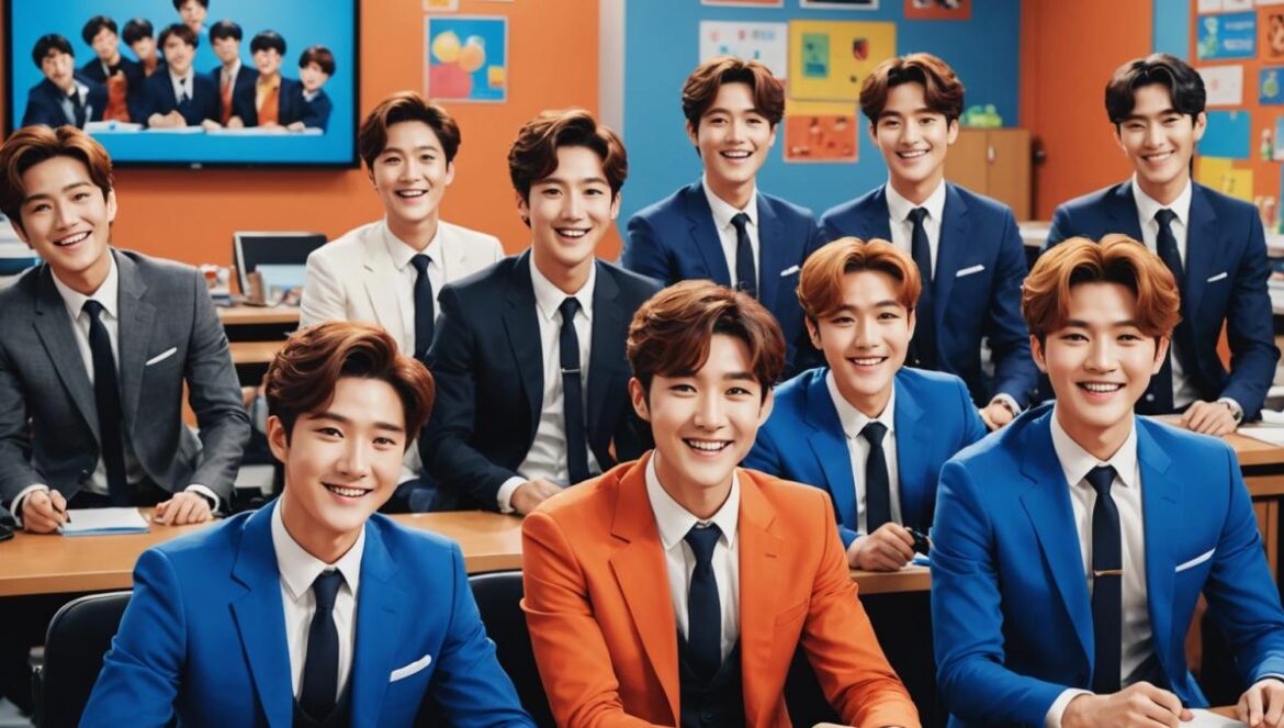 Super Junior en Knowing Bros: 20 años de K-pop y bromas épicas A lively group of well-dressed Korean pop idols (Super Junior) sitting at classroom desks on a TV set, laughing and playfully interacting, photorealistic editorial style, bright studio lighting, vibrant atmosphere with show props and enthusiastic audience in background, main members centered and in sharp focus.