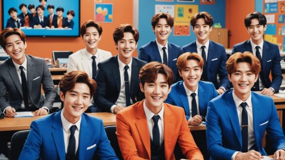 A lively group of well-dressed Korean pop idols (Super Junior) sitting at classroom desks on a TV set, laughing and playfully interacting, photorealistic editorial style, bright studio lighting, vibrant atmosphere with show props and enthusiastic audience in background, main members centered and in sharp focus.