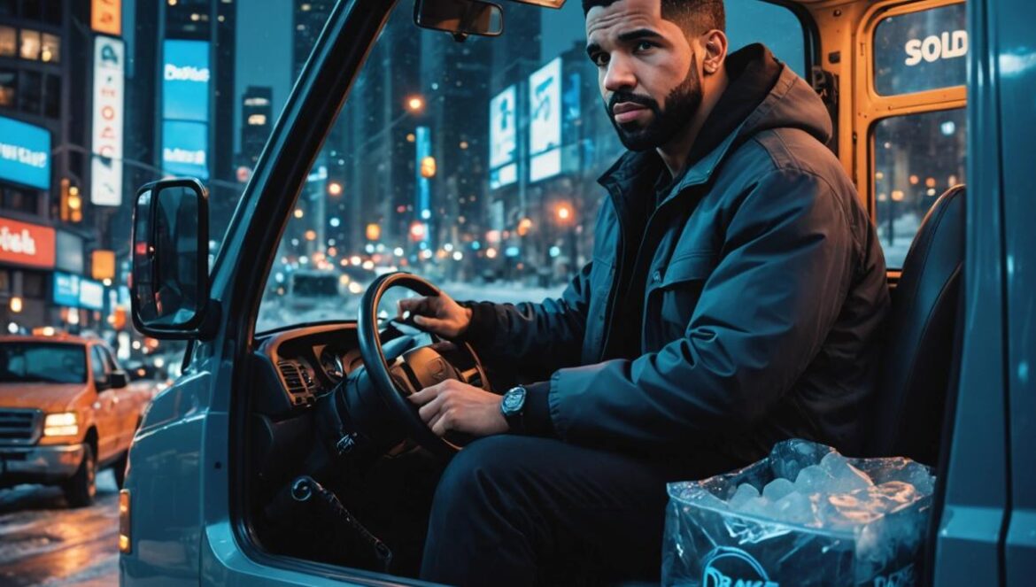 Drake en modo “Iceman”: estreno viral con camión de hielo en Toronto, beef latente y un regreso que congela el hype Drake sitting in the driver's seat of a delivery truck branded 'Iceman', driving solo through the city at night, Toronto skyline glowing outside the window, photorealistic editorial style, moody yet vibrant lighting with reflections on glass, main subject (Drake) sharply centered and in focus, ice bags visible in the truck, hints of music equipment around him.