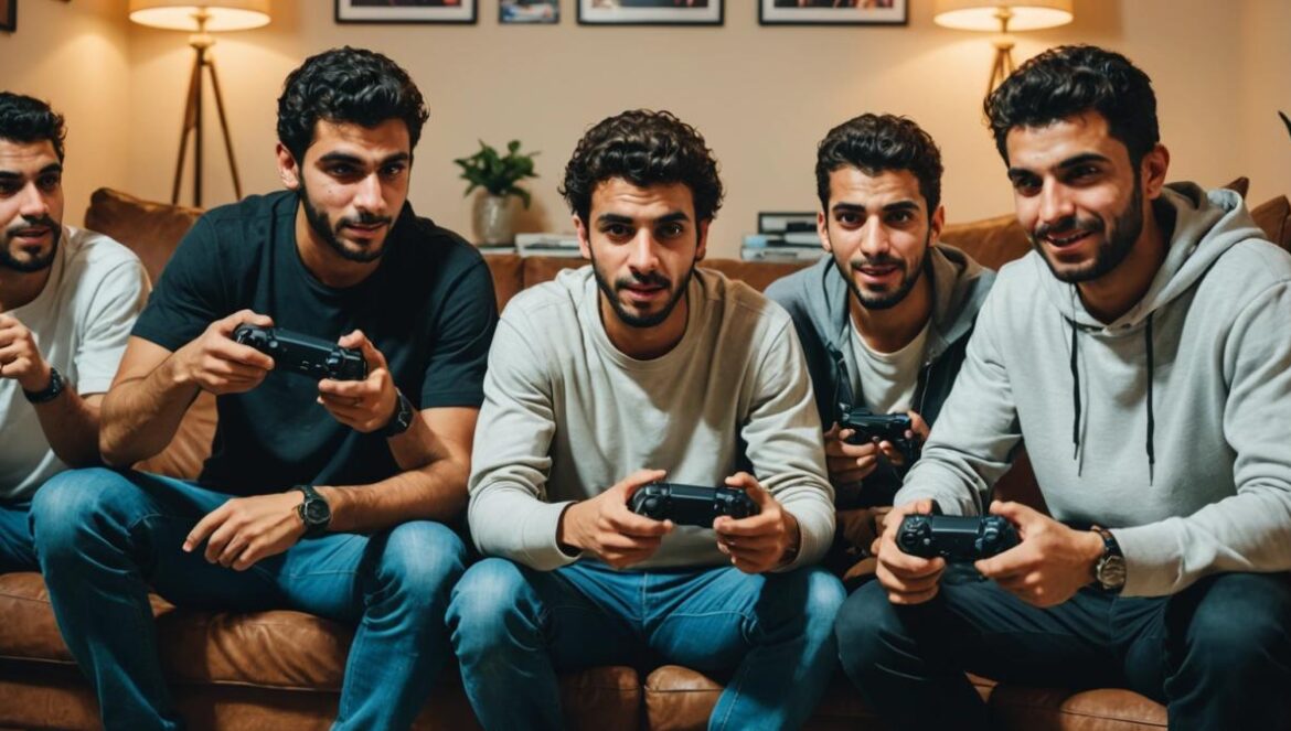GTA V rompe el bloqueo en Arabia Saudí: así se vivió desde dentro A group of young Middle Eastern gamers in a modern living room, excitedly unboxing and playing GTA V on a PlayStation console, photorealistic editorial style, bright and celebratory atmosphere, game boxes with 21+ rating visible in Arabic, vibrant LED lights and gaming memorabilia, main subjects centered and clearly in focus with joyful expressions.
