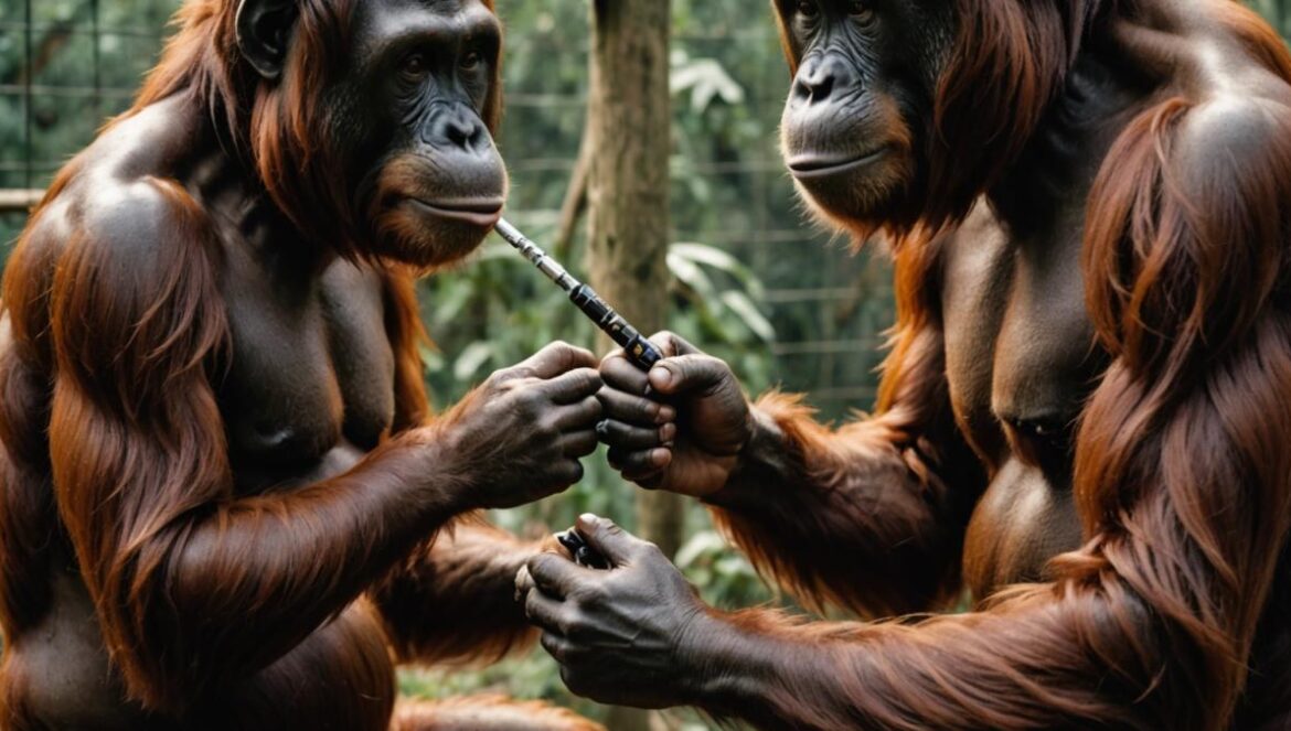 El vídeo de la boxeadora rusa obligando a un orangután a vapear: indignación global y debate ético en la cultura pop A distressed orangutan sitting in an enclosure, being handed a vape pen by a young woman with boxing gloves, photorealistic editorial style, somber mood, harsh lighting highlighting the orangutan’s confused expression and the woman's controversial action, main subjects centered and in sharp focus, background showing the safari environment with visible cage bars.
