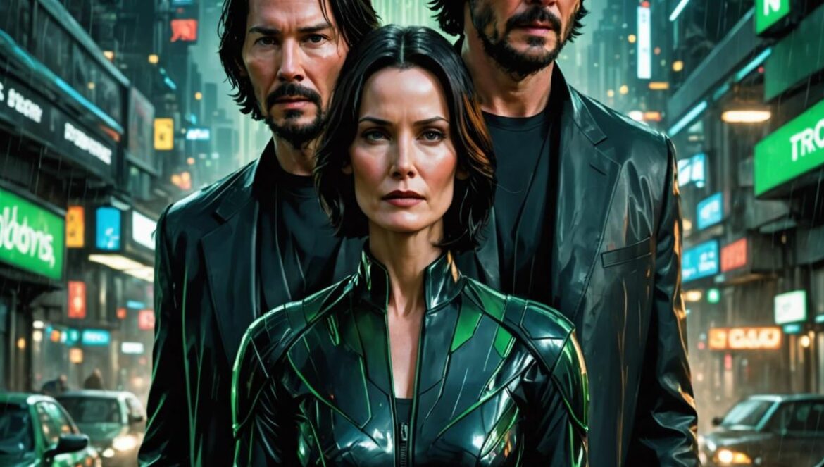 Matrix no es solo balas a cámara lenta: la saga se sostiene en la historia de amor entre Neo y Trinity Keanu Reeves and Carrie-Anne Moss as Neo and Trinity, standing close together in a dimly lit, futuristic urban setting with digital green code raining down behind them, photorealistic editorial style, intense emotional connection in their eyes, both dressed in iconic black outfits, center-focused composition, clean high-contrast lighting highlighting their faces.