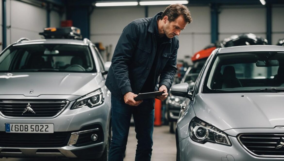 El escándalo del motor 1.5 BlueHDi: Stellantis llama a revisión 600.000 coches tras fallos en Citroën, Peugeot, Opel, DS y Fiat A worried car owner checking under the hood of a modern Peugeot in a well-lit urban garage, photorealistic editorial style, clear focus on the engine and diagnostic tools, tense yet hopeful mood, main subject centered and sharp, subtle branding hints for Citroën, Opel and DS in background signage.
