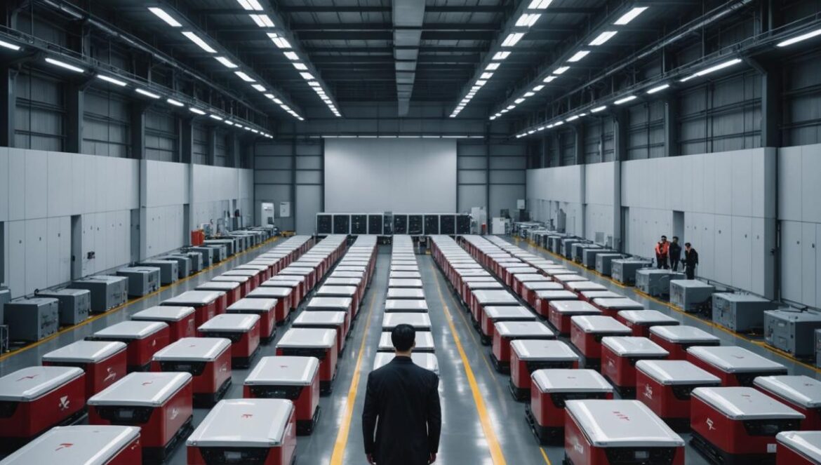 Tesla y China sellan un megaacuerdo de 557 millones: la mayor batería del país redefine la guerra global por la energía verde A massive industrial battery installation in Shanghai, with several Tesla Megapacks lined up and Chinese engineers inspecting them, photorealistic editorial style, modern clean facility with high-tech lighting, center-focused on a prominently branded Tesla Megapack surrounded by state-of-the-art energy monitoring screens, professional atmosphere, main subject clearly centered and in sharp focus.
