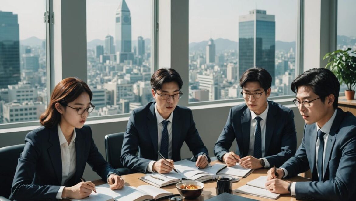 Seocho-dong en tvN: Lee Jong-suk y Moon Ga-young convierten el drama legal en un festín viral de emociones y comida A modern Seoul law office, five young lawyers gathered around a table sharing a lively lunch, photorealistic editorial style, bright daylight streaming through large windows, legal books and case files scattered on the table, main characters dressed in trendy business casual fashion, main subject group clearly centered and in focus with visible urban cityscape outside the window.