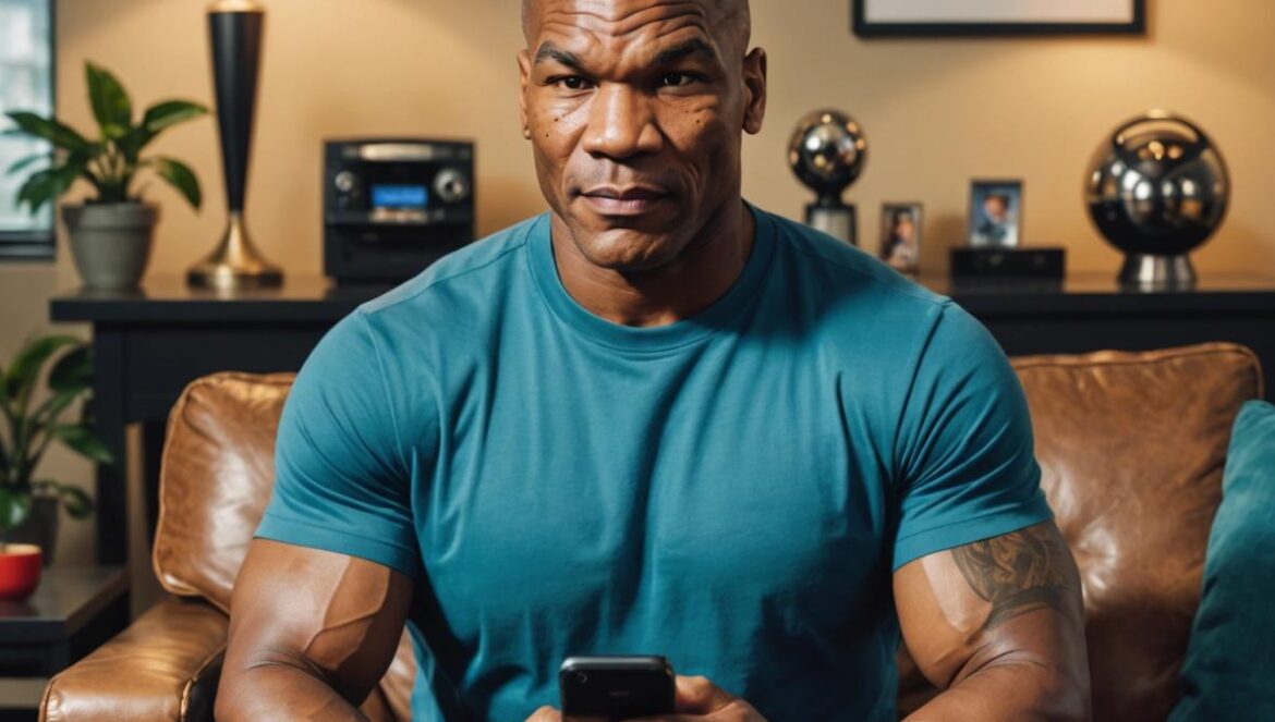 ‘White Mike’: el meme con IA de Mike Tyson que arrasó en Instagram y desató debate sobre identidad digital A photorealistic editorial-style image of Mike Tyson sitting confidently in a modern living room, holding a smartphone displaying an AI-generated portrait of himself with blond hair and lighter skin. The mood is playful yet reflective, with Tyson smirking at the screen. Center-focused composition with clear lighting, detailed background showing pop culture posters and tech devices, vibrant colors highlighting the digital vibe.