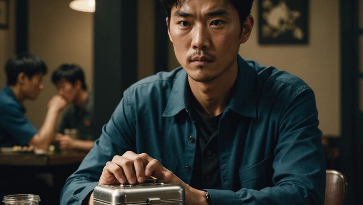 La sorpresa coreana de Squid Game 3: Woo Jung-kook emociona al mundo como el misterioso ‘Lunchbox Man’ A close-up of a Korean actor portraying 'Lunchbox Man' from Squid Game, seated alone at a dimly-lit table with a traditional metal lunchbox in front of him, intense emotional expression, photorealistic editorial style, moody lighting highlighting his face, sharp focus on the actor, blurred background with subtle hints of the Squid Game set design.