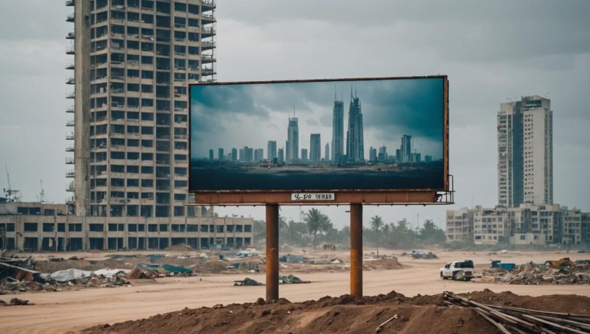 Akon City cancelada: de “Wakanda africana” a simple cancha de basket en Senegal Solar de obra vacío en Senegal con cartel deslucido de Akon City y maquinaria abandonada al fondo.