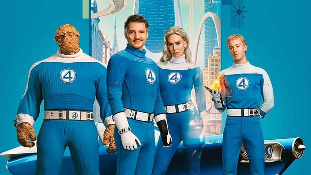Pedro Pascal y el elenco de Los 4 Fantásticos posando como superhéroes frente a un skyline urbano brillante al atardecer.