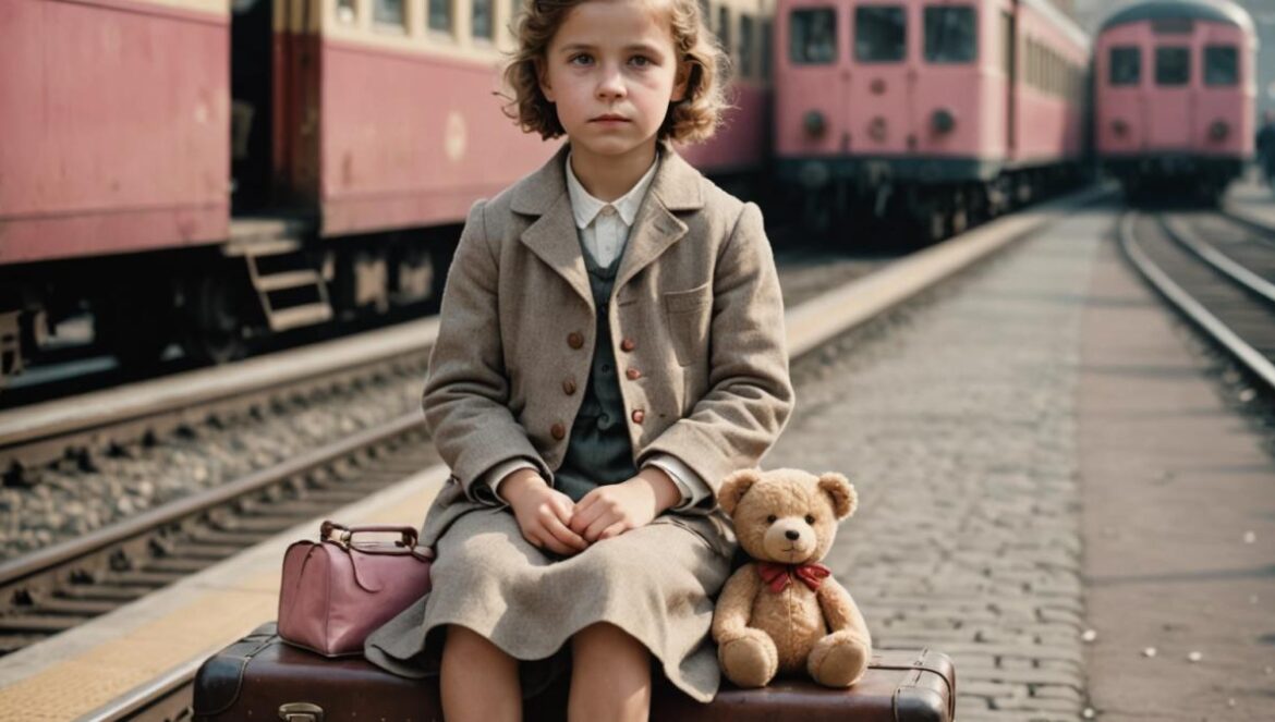 Cuando Hitler robó el conejo rosa: por qué esta historia de exilio infantil sigue emocionando generaciones Niña con maleta pequeña y osito de peluche en una estación de tren europea de los años 30, junto a un conejo rosa de peluche.