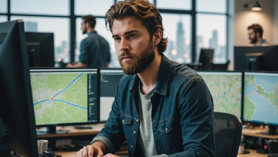 Así se vive desde dentro: Lo que nadie te contó de trabajar en GTA 6 según un dev de Rockstar Joven desarrollador trabajando en una oficina moderna con pantallas mostrando mapas y código de videojuegos al estilo GTA.