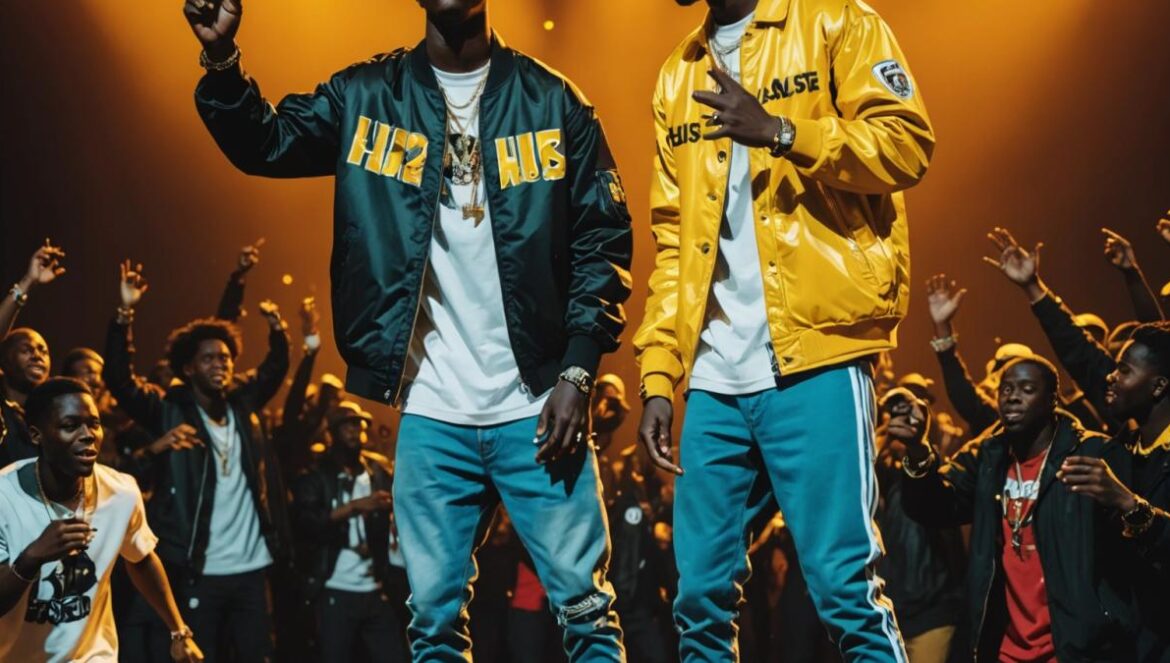 ¿Por qué todos están obsesionados con “Gold” de J Hus y Asake? J Hus and Asake performing together on a vibrant stage, photorealistic editorial style, dynamic lighting with golden hues, energetic crowd in the foreground, both artists centered and in sharp focus with expressive gestures, stage props hinting at Afrobeat and UK rap culture, clean background highlighting their presence.