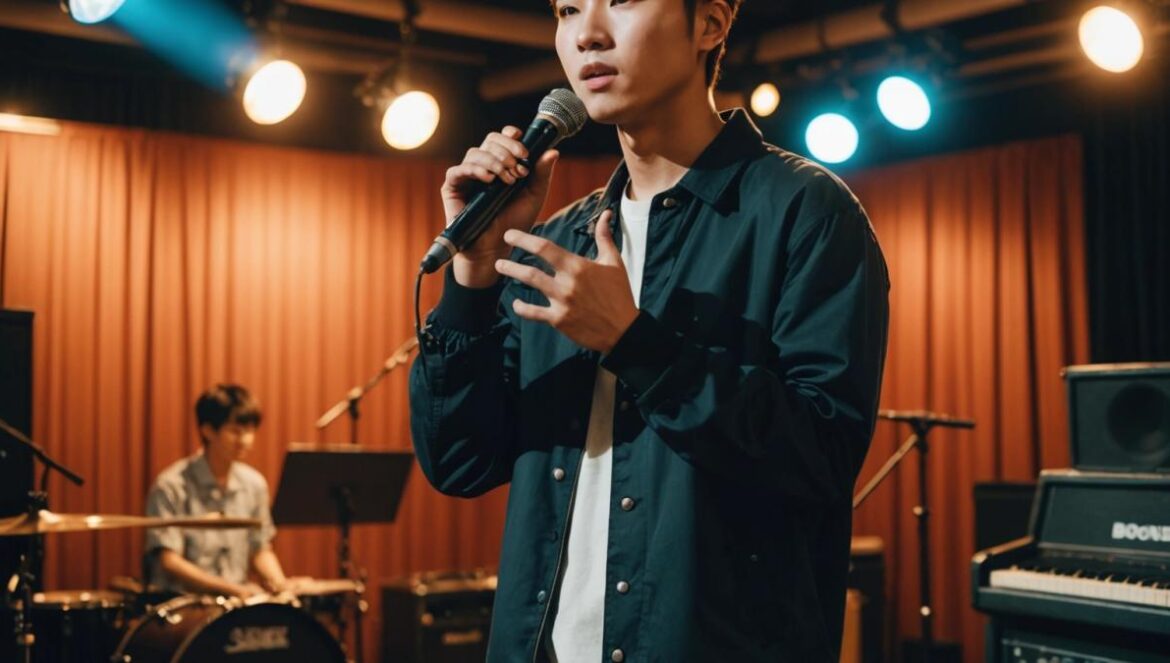 ‘Back! Stage’: Así se vive el hype del nuevo film musical con Yun Ho de ATEEZ Joven coreano sosteniendo un micrófono tras bambalinas, rodeado de luces y compañeros músicos antes de un concierto.