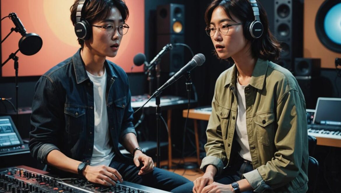 El boom de Just Stay As You Are: la balada K-pop de HANHAE y Moon Se-yoon que emociona y arrasa en España HANHAE and Moon Se-yoon in a modern music studio, surrounded by microphones and soft glowing lights, photorealistic editorial style, both artists performing passionately at the center, large mixing board and digital screens in the background, warm and inviting mood, main subjects clearly centered and in sharp focus.