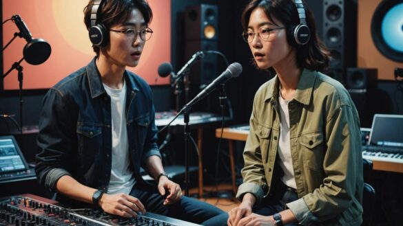 El boom de Just Stay As You Are: la balada K-pop de HANHAE y Moon Se-yoon que emociona y arrasa en España HANHAE and Moon Se-yoon in a modern music studio, surrounded by microphones and soft glowing lights, photorealistic editorial style, both artists performing passionately at the center, large mixing board and digital screens in the background, warm and inviting mood, main subjects clearly centered and in sharp focus.