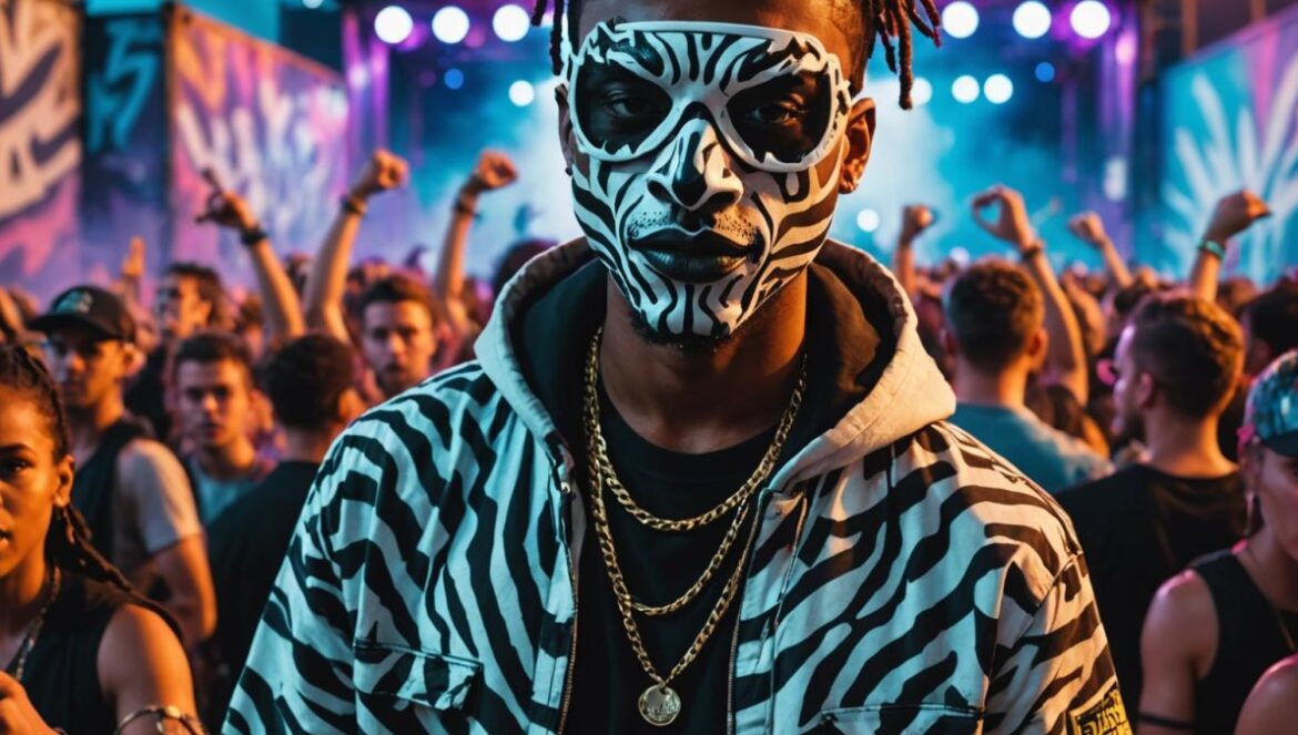 REST IN BASS: el ritual rave-rap con el que Che está incendiando la Gen Z A dynamic young rapper with a zebra-striped mask on stage at a vibrant music festival, photorealistic editorial style, neon lights flashing, energetic crowd of Gen Z fans moshing in front, graffiti-decorated shipping containers in the background, intense and colorful mood. Main subject well-centered and in sharp focus, capturing both the artist's wild energy and the hyped crowd atmosphere.
