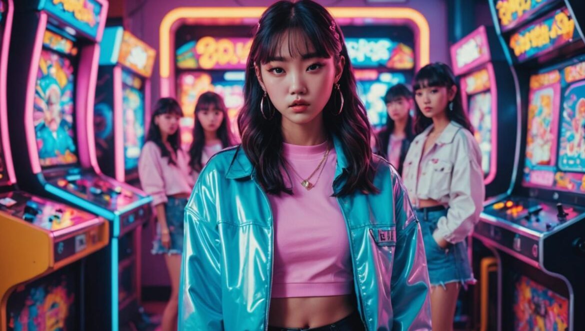 K-pop de verano 2025: de la nostalgia Y2K a los giros narrativos que encienden MVs y redes sociales A vibrant K-pop music video set, with young idols in colorful Y2K-inspired fashion, neon lights, retro arcade props and dynamic camera movement, photorealistic editorial style, energetic mood with glowing pastels, main group centered and in sharp focus, background shows soft hues and playful visual effects like pixel graphics.