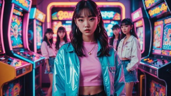 K-pop de verano 2025: de la nostalgia Y2K a los giros narrativos que encienden MVs y redes sociales A vibrant K-pop music video set, with young idols in colorful Y2K-inspired fashion, neon lights, retro arcade props and dynamic camera movement, photorealistic editorial style, energetic mood with glowing pastels, main group centered and in sharp focus, background shows soft hues and playful visual effects like pixel graphics.