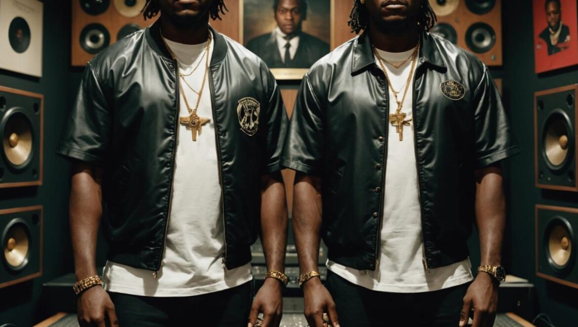 Clipse vuelve con ‘Let God Sort Em Out’: redención, barras afiladas y gospel inesperado Clipse juntos en un estudio oscuro rodeados de micrófonos y símbolos religiosos, mirando intensamente a cámara.