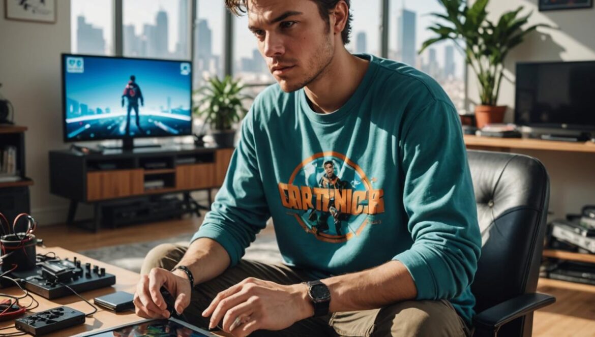 ¿Será GTA 7 más barato de producir gracias a la IA? Lo que dijo un ex de Rockstar A photorealistic editorial image of a young indie game developer in a modern apartment, surrounded by retro and next-gen consoles, analyzing detailed concept art for GTA-style open worlds on a digital tablet. Editorial art style, bright natural lighting, main subject (the developer) centered and sharply focused, with futuristic gaming tech and classic gaming memorabilia in the background.