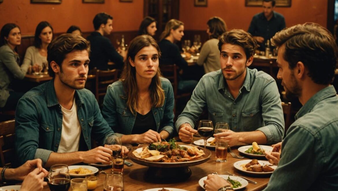 La movida de dividir la cuenta: moda generacional, cortesía del local… ¿o pesadilla para camareros? A lively Spanish restaurant scene, a group of young adults sitting at a central table debating how to split the bill, photorealistic editorial style, warm evening lighting with rustic decor and visible plates of tapas, a server looking slightly overwhelmed but professional, main group and their actions clearly centered and in sharp focus, background guests blurred for emphasis.