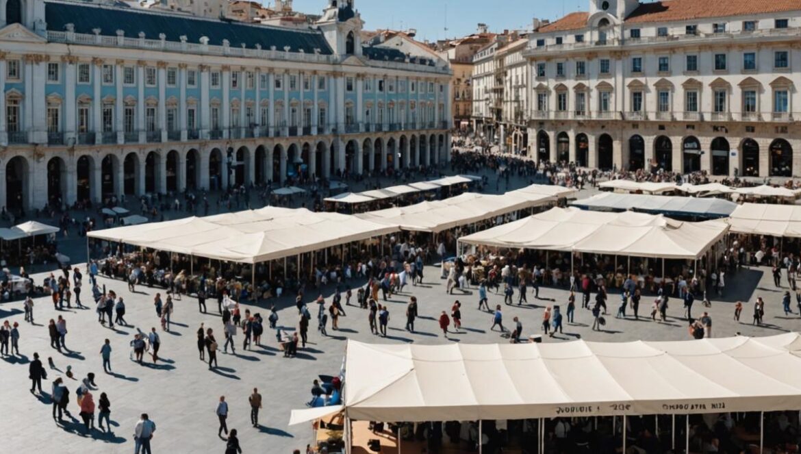 ¿Toldos en Puerta del Sol por 1,5 millones? Así se vive bajo la sombra más polémica de Madrid A large Spanish city square (Puerta del Sol), midday with harsh sunlight, crowds of people seeking shade under newly installed ivory PVC awnings stretched across part of the plaza, photorealistic editorial style, clear blue sky, central focus on the awnings and people fanning themselves or checking their phones for weather updates, vibrant urban atmosphere, main subjects well-centered and in sharp focus.