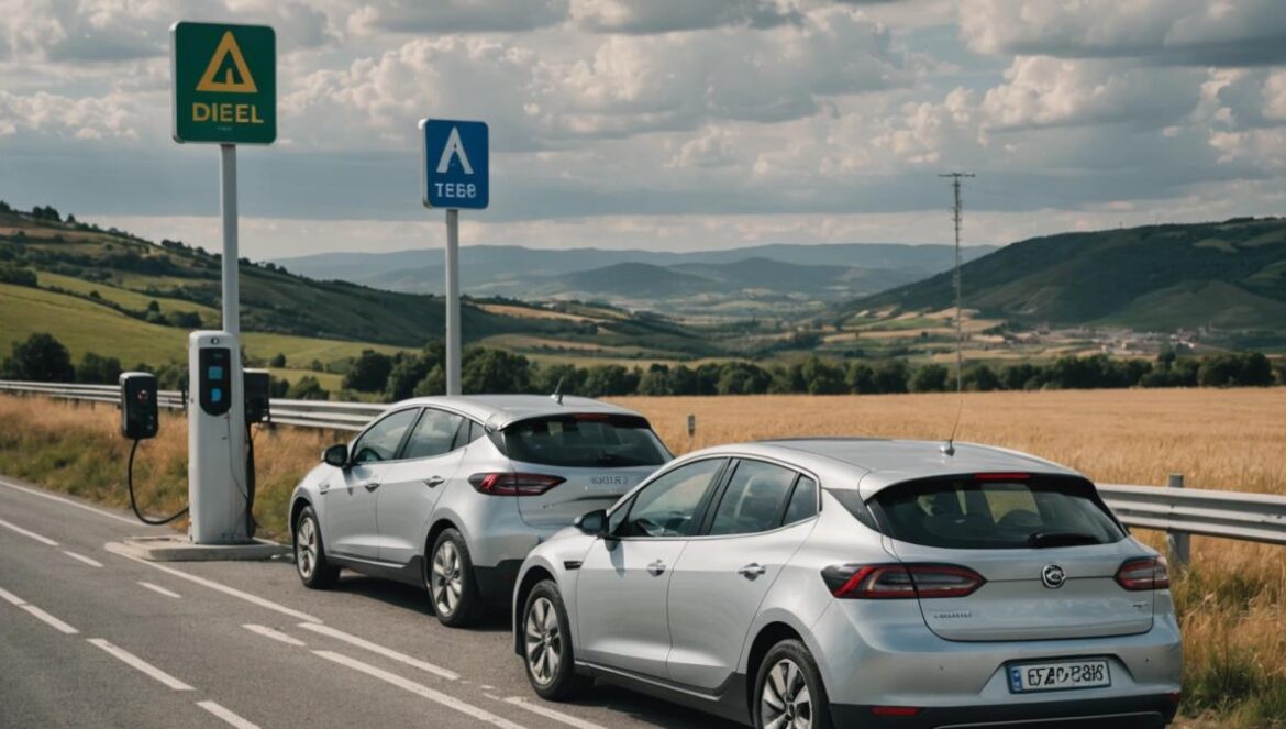 Eléctrico vs diésel: la verdad en viajes largos Dos coches eléctricos cargando en un área de descanso junto a carteles con precios de diésel y campo español de fondo.