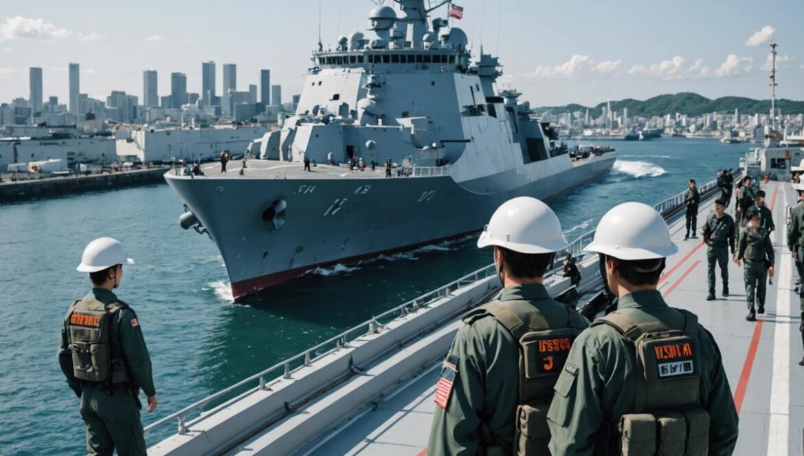¿Japón apuesta por cañones de riel? Así se vive el hype desde dentro A Japanese warship (JS Asuka) docked at Yokosuka port, with a large electromagnetic railgun mounted on its rear deck, photorealistic editorial style, crisp daylight, military engineers in uniforms inspecting the weapon, visible energy cables and cooling units, mood of innovation and anticipation, main subject (the railgun on the ship) centered and sharply in focus, clear sea and city skyline background.
