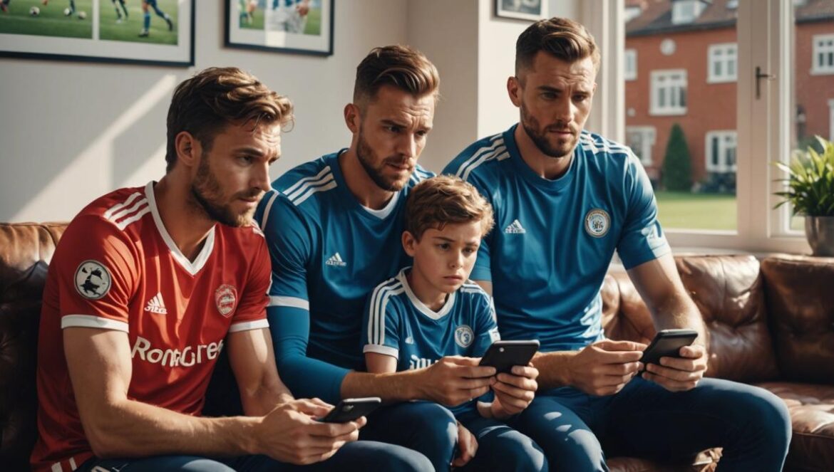 Cuando la pasión se vuelve veneno: el lado oscuro del fútbol Familia de futbolista sentados juntos en casa, mirando preocupados mensajes amenazantes en un móvil.