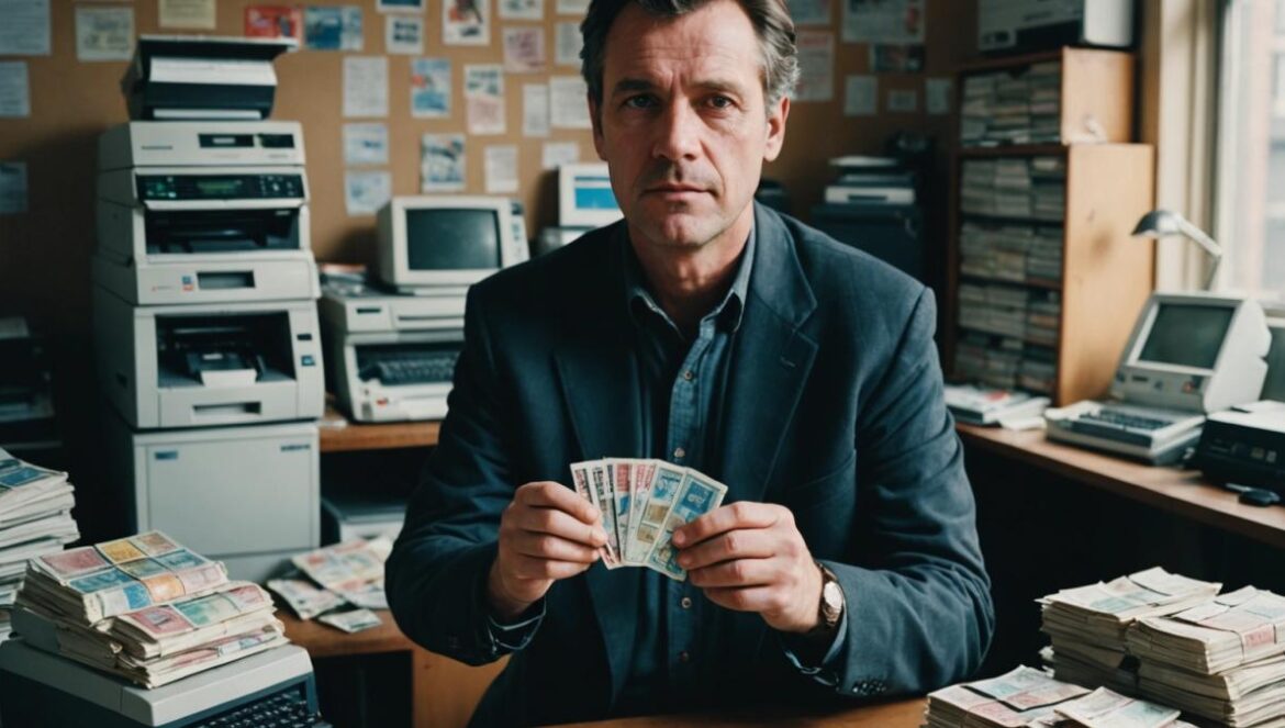 El truco real de la lotería: cómo Stefan Mandel reventó el sistema Hombre sonriente rodeado de boletos de lotería y ordenadores antiguos en una oficina llena de papeles.