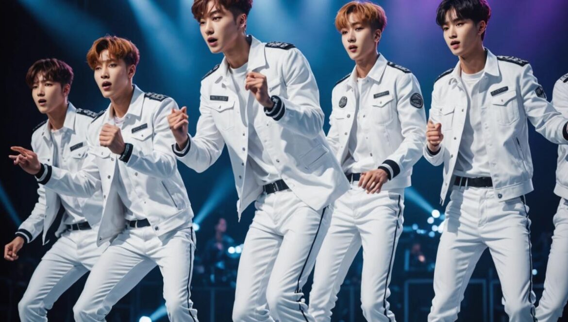 Nine young male K-pop idols on stage in crisp white uniforms, performing an energetic synchronized dance under bright spotlights, photorealistic editorial style, vibrant concert atmosphere with cheering fans and dynamic lighting, main group centered and in sharp focus, subtle background showing stage details.