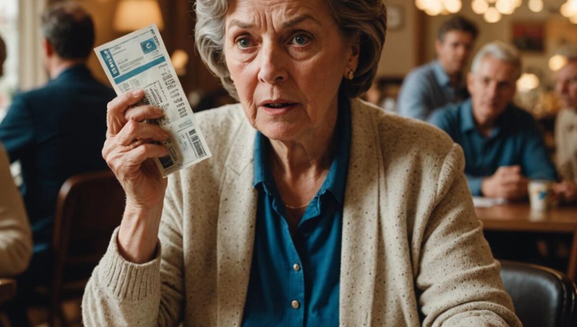 El caso Jane Doe y la lotería digital: apps bloqueadas, millones congelados y la cara oscura del jackpot online Mujer mayor con expresión de sorpresa y desilusión mirando su móvil con un boleto de lotería, documentos legales y billetes sobre la mesa.