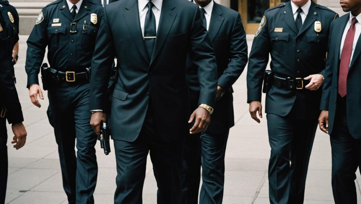El veredicto que sacude al hip hop: Diddy culpable de prostitución y el legado cultural en jaque Sean 'Diddy' Combs, handcuffed and escorted by federal agents out of a modern New York courthouse, photorealistic editorial style, somber mood, flashing cameras from press, urban background, main subject well-centered and in sharp focus with clear expressions of tension and media frenzy.