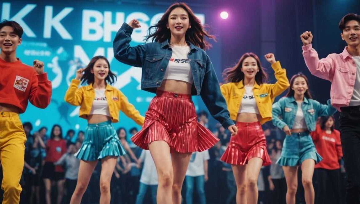K-pop 2025: Bailes que arrasan con la tristeza y lo cambian todo A vibrant K-pop dance stage in Seoul, photorealistic editorial style, center-focused young dancers mid-choreography with energetic poses and colorful outfits, dynamic lighting, cheering crowd in the background, clear emphasis on expressive movements and joyful expressions, main performers sharply in focus.