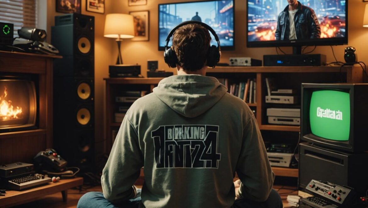 ¿Filtración o troleo? GTA 4 en PS5: lo que no te contaron Gamer emocionado revisando noticias sobre GTA 4 rodeado de consolas clásicas y modernas en su habitación.