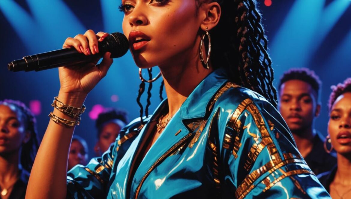 FKA twigs revienta el pop con ‘Eusexua Deluxe’ FKA twigs cantando en el escenario con luces intensas y arte visual de su nuevo álbum proyectado detrás.
