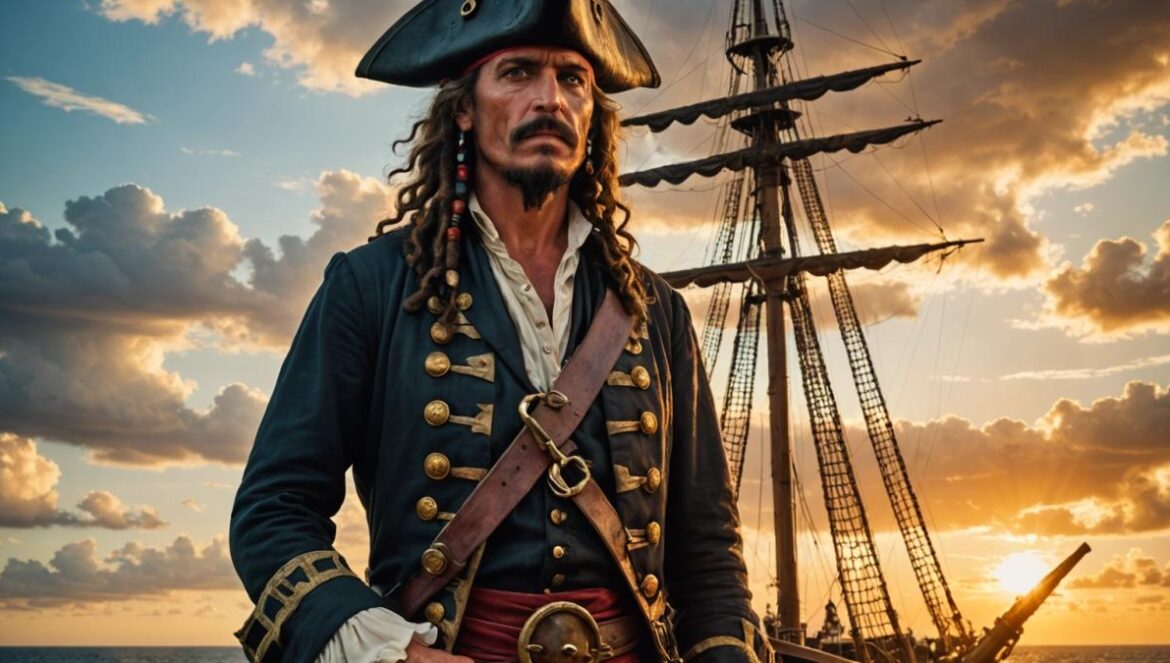 ¿Por qué seguimos enganchados a Piratas del Caribe? Nostalgia, memes y legado eterno Capitán pirata carismático en la proa de un barco bajo un atardecer épico, con mar y bandera pirata ondeando.