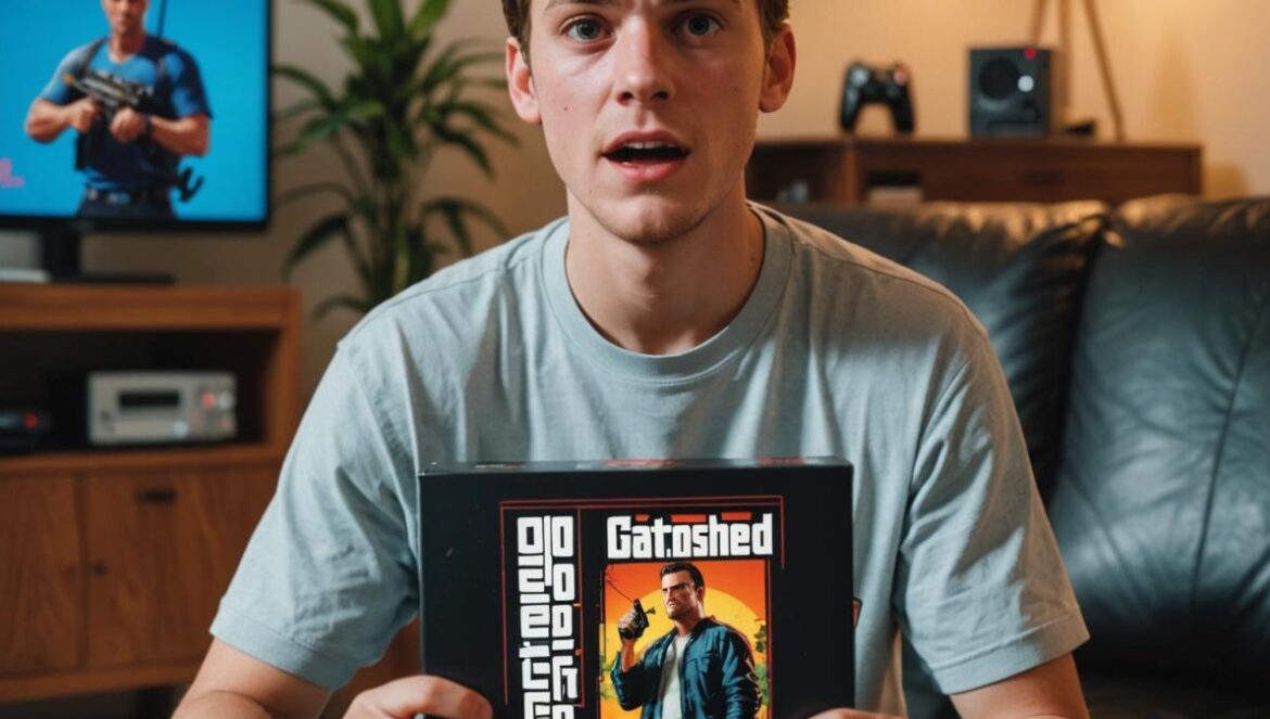 ¿GTA 6 a $80? La cifra que revoluciona la industria Joven gamer sorprendido sostiene la caja de GTA 6 mostrando un precio elevado en una sala moderna llena de ambiente gamer.
