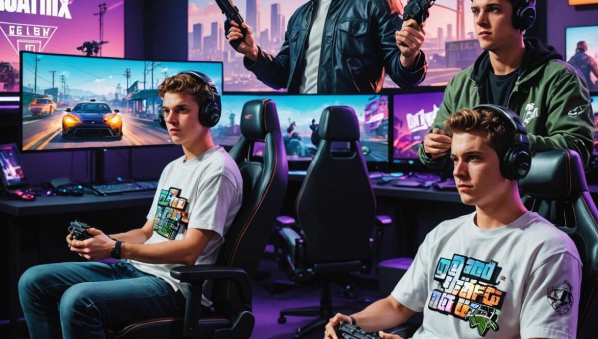 GTA 6 y Twitch: Así planean revolucionar el rol y romper Internet desde el día uno Dos gamers emocionados ante pantallas con GTA 6 y el logo de Twitch en una sala llena de luces LED.