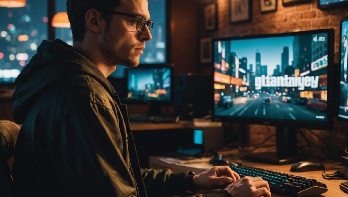 GTA IV revive con iCEnhancer 4: gráficos next-gen como nunca te lo contaron Jugador joven disfrutando de GTA IV con gráficos remasterizados en su ordenador en una habitación moderna y cálida.