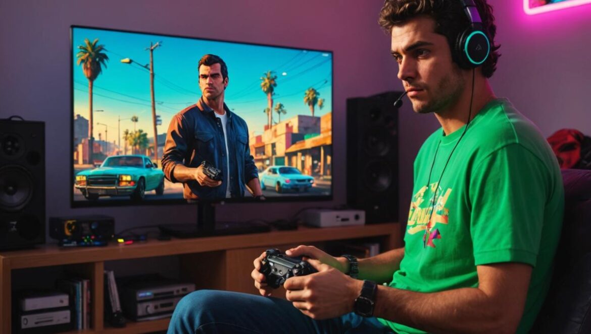 GTA Online: Lo que no viste del evento semanal del 17 al 23 de julio Un joven gamer español jugando GTA Online en casa con colores neón y merchandising de GTA.