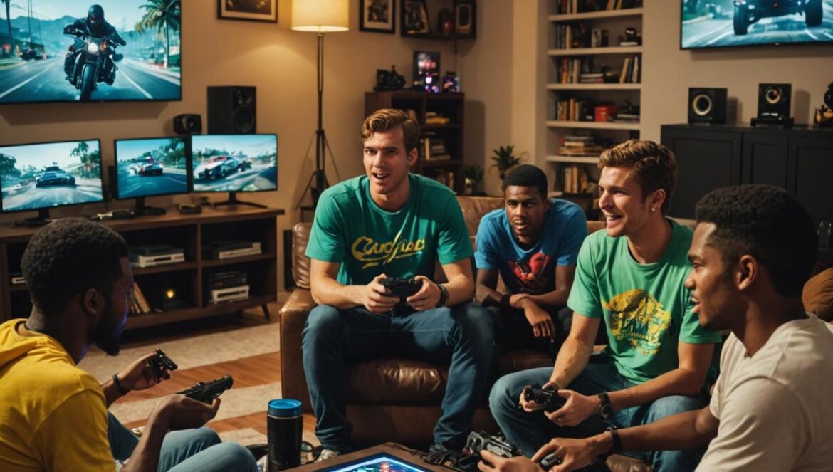 GTA Online revienta la semana: Motor Wars en Cayo Perico, coches épicos y recompensas brutales Grupo de jóvenes gamers jugando emocionados al nuevo modo Motor Wars en GTA Online con pantallas brillantes y ambiente moderno.