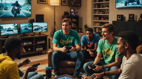 Grupo de jóvenes gamers jugando emocionados al nuevo modo Motor Wars en GTA Online con pantallas brillantes y ambiente moderno.